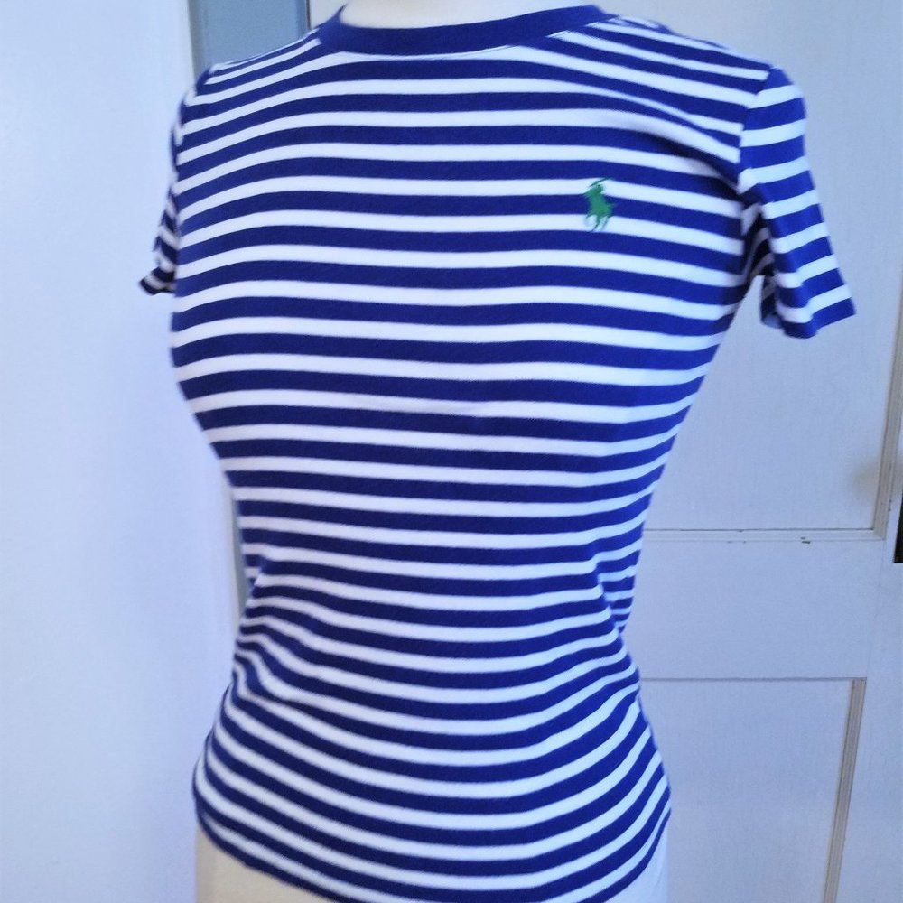 Royal Blue & White Stripe Crew Neck Tee Knit Top